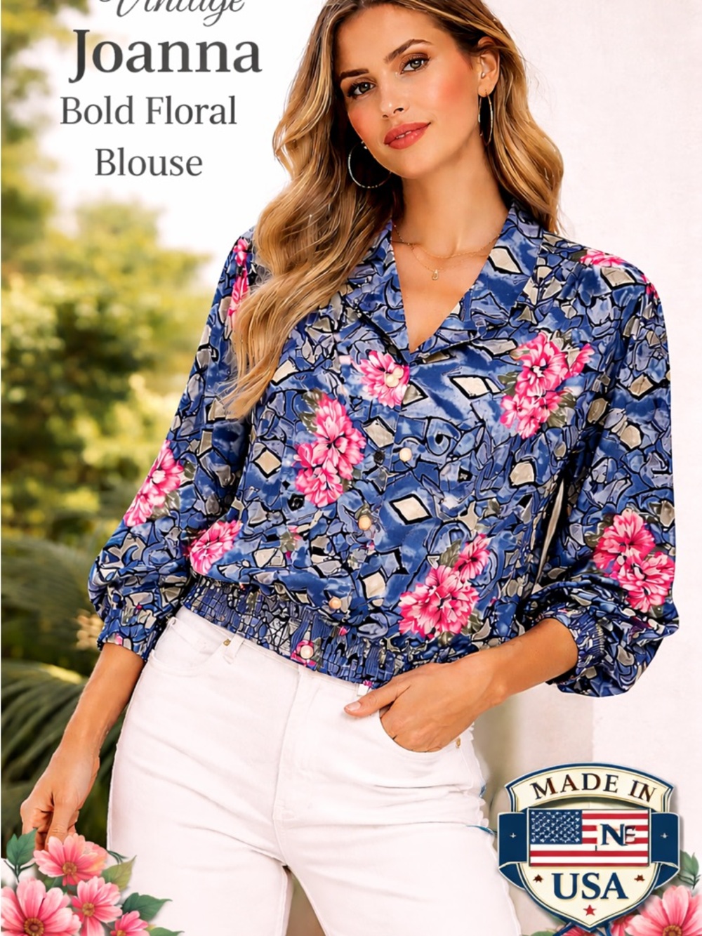 Joanna Blue Floral Blouse with Pink Blooms
